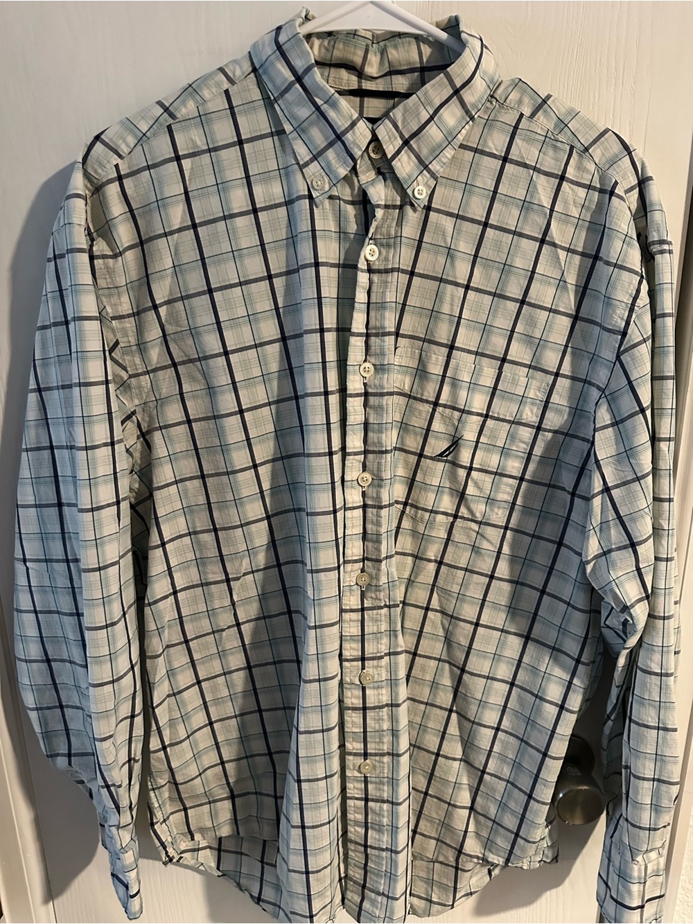 Men's Nautica Button-Down 80’s Two Ply Cotton Shirt- Light Blue Dark Blue White